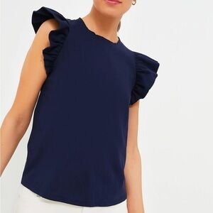 TUCKERNUCK Kaia Flutter Sleeve Tee Navy Blue Knit Stretch High crewneck Sz S NEW